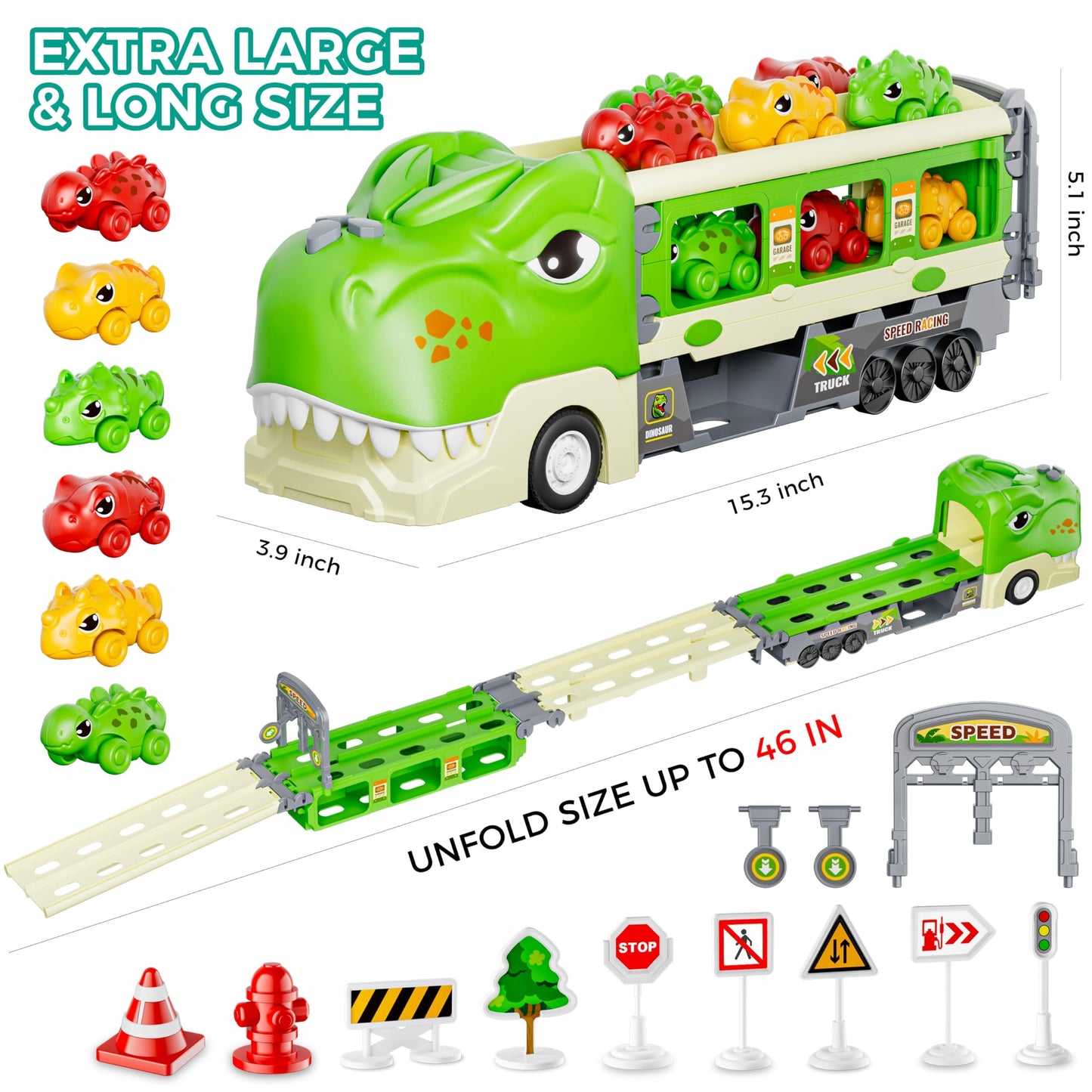 Dinosaur-shaped Children's Storage Catapult Track Toy, Randomly Equipped With Dinosaur Car Road Sign And Roadblock Set.