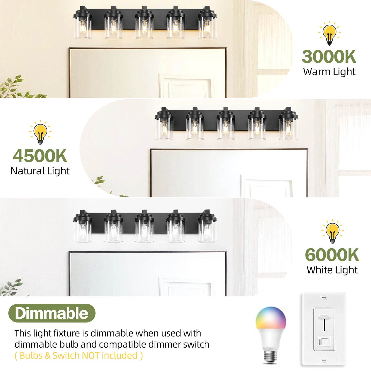 5-Light Bathroom Vanity Light Bathroom Light Fixtures Over Mirror, 31 Black Vanity Lights With Glass Shade, Modern Wall Sconce For Cabinet Porch Bedroom, Hallway Bulbs Not Included