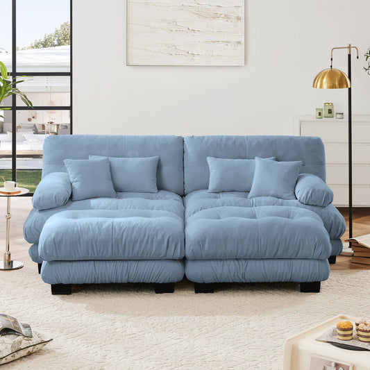 Cloud Couch Sleeper Sofa For Living Room, Chenille 2 Seater Sofa With 2 Lumbar Pillows And 2 Throw Pillows , Upholstered Wide Arm Sofa With 2 Ottomans,Chenille Blue