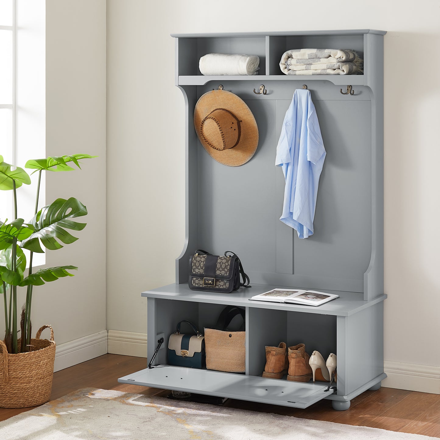 Modern Classic Hall Tree With Shoe Rack Bench And Coat Hooks For Hanging Storage, Entryway Bench With Open Shelves And Shoe Cabinets 40.16 Wx18.58 Dx64.17 H GRAY