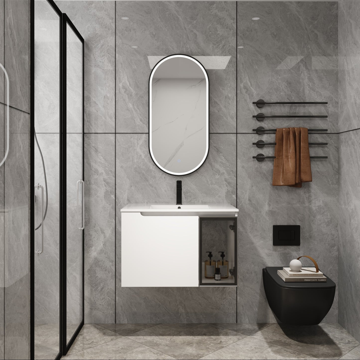 30  Wall-Mounted Bathroom Vanity With Ceramic Sink, 2-Soft Close Doors,Glossy White Vanity & Grey Glass 1 2 Door, Plywood  KD-Packing