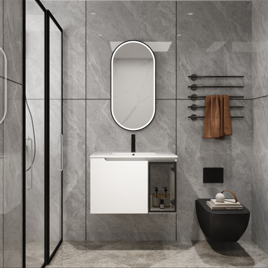 30  Wall-Mounted Bathroom Vanity With Ceramic Sink, 2-Soft Close Doors,Glossy White Vanity & Grey Glass 1 2 Door, Plywood  KD-Packing