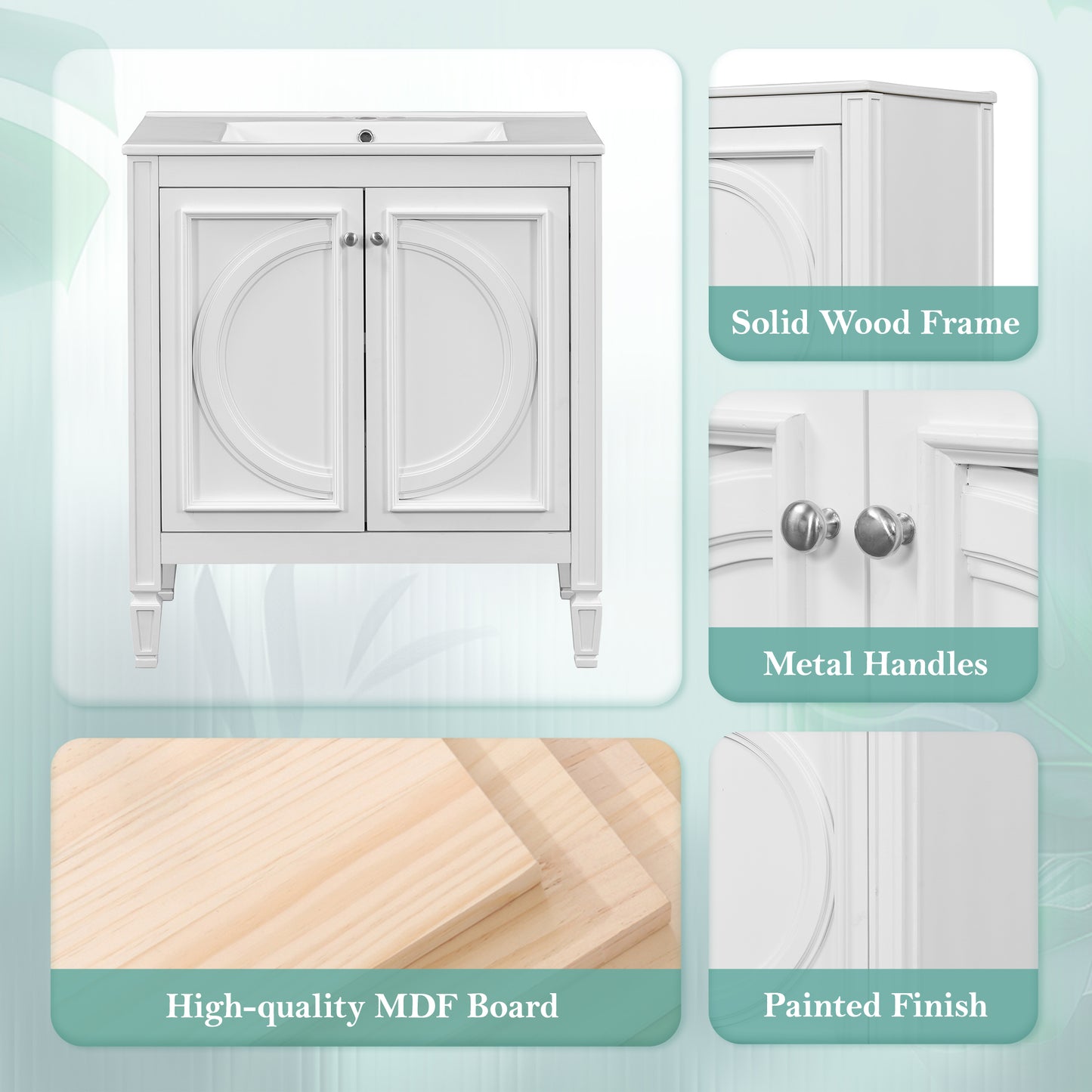 30  Bathroom Vanity With Sink, Two Doors With Shelf, Soft Close Door Hinges, Vintage Style, White