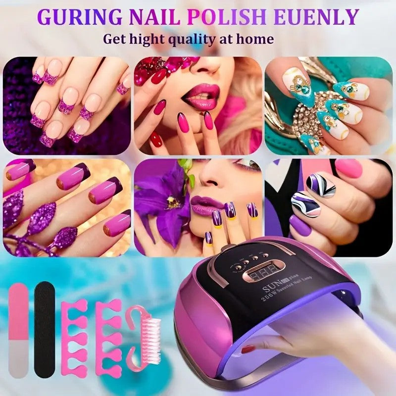 256W High-Power UV LED Nail Lamp With 4 Timer Settings, Automatic Sensor & Smart Display - Fast Gel Polish Curing, Purple & Black Design, Ergonomic Handle For Professional Manicures