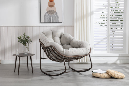 Outdoor Rattan Rocking Chair,Padded Cushion Rocker Recliner Chair Outdoor For Front Porch, Living Room, Patio, Garden, Beige