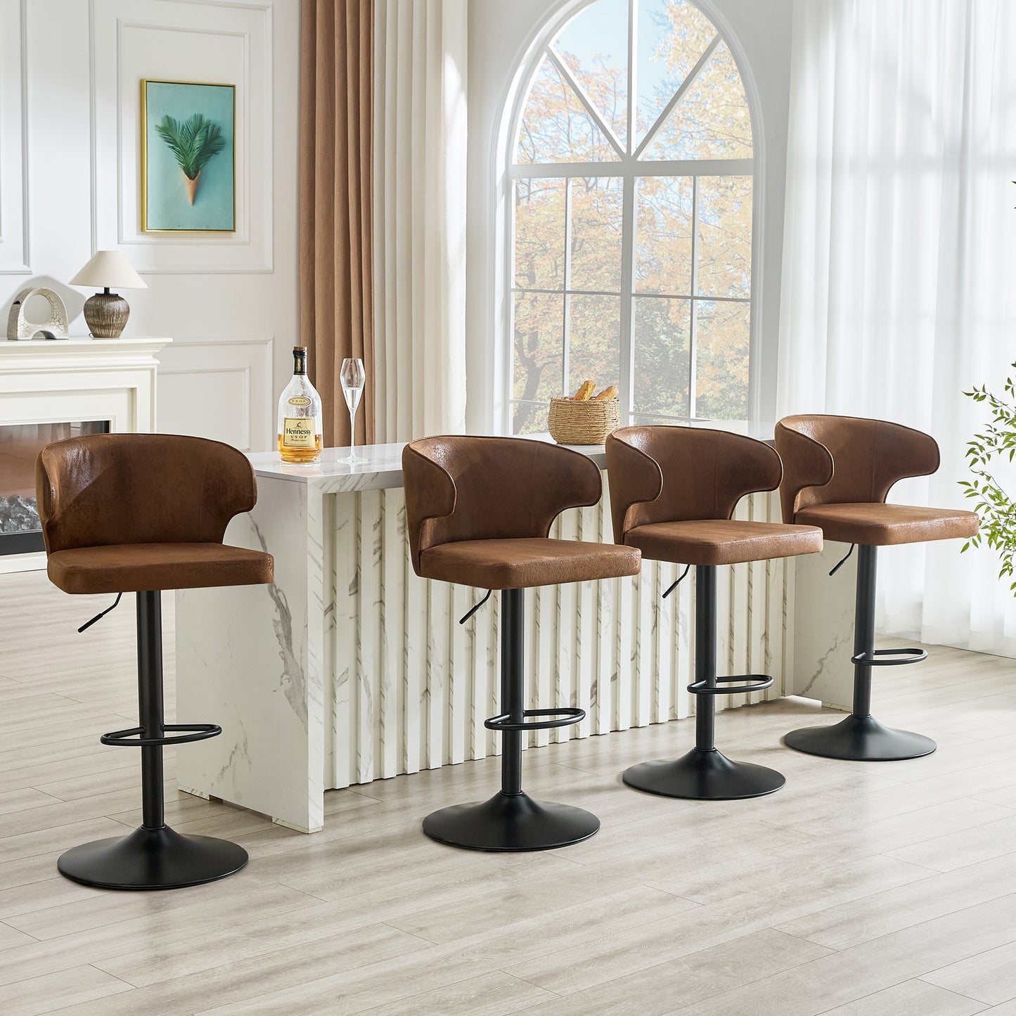 Modern Rotating Adjustable Bar Chair, Suede With Backrest Swivel Chair, Suitable For Kitchen Bar And Dining Room, Height Adjustable, Load-bearing Up To 300 Pounds  Brown -4 Pieces