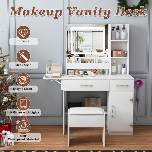 Vanity Desk With LED Mirror Lights And Power Outlet Charging Station, Makeup Dressing Table With 3 Drawers, 7 Shelves And Storage Stool, For Girls And Women White