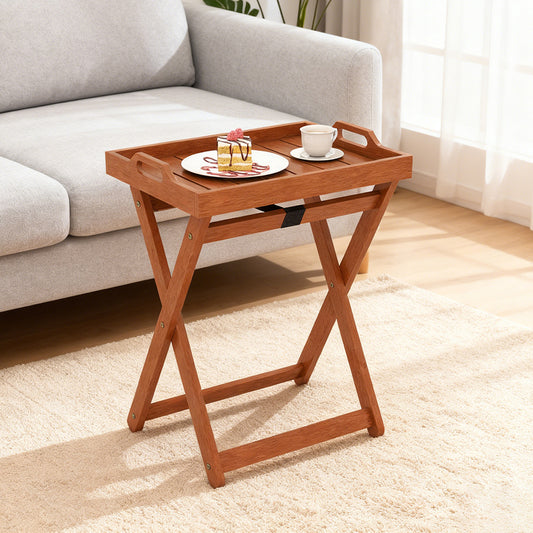 Outdoor Wood Tray Table Portable Side End Table With Folding Frame