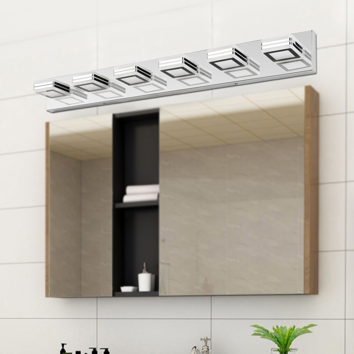 39in  Modern Chrome 6-Light LED Vanity Light, Square Acrylic Lampshades Wall Mount Fixture For Bathroom, Mirror Lighting