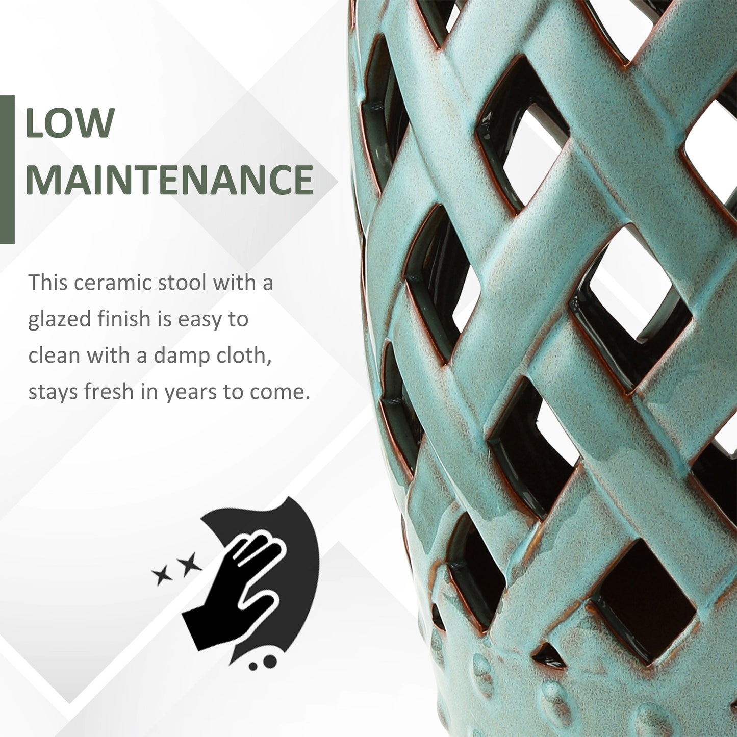 13" X 18" Ceramic Garden Stool With Woven Lattice Design & Glazed Strong Materials Decorative End Table, Antique Blue