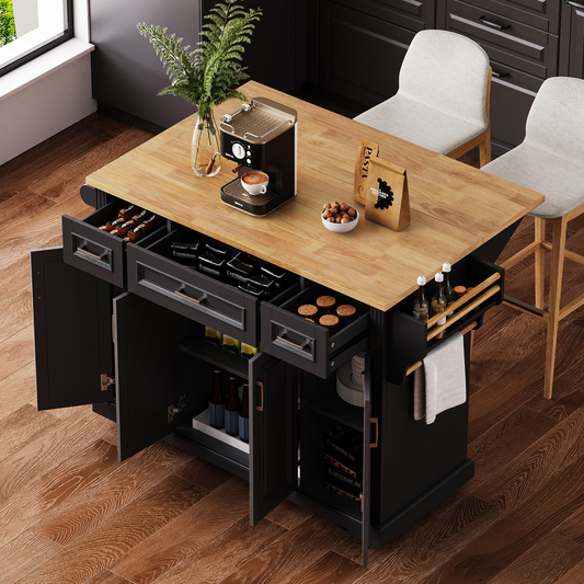 K&K 54inch Large Kitchen Island With Rubber Wood Drop Leaf, Embossed Texture Rolling Kitchen Cart On 4 Wheels With 4 Doors And 3 Drawers, Kitchen Island With Storage For Kitchen, Dining Room,Black
