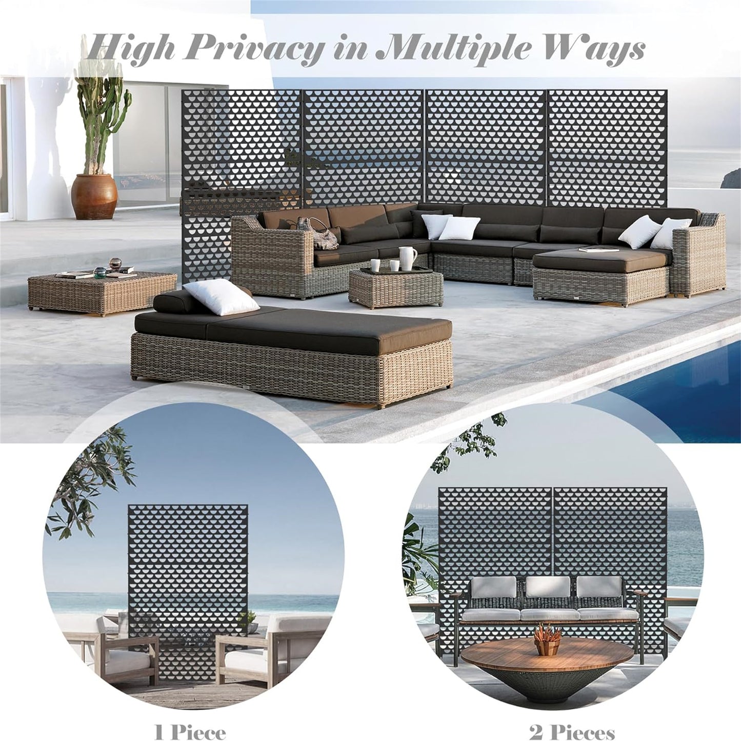 Metal Privacy Screens And Panels With Free Standing, Freestanding Outdoor Indoor Privacy Screen, Decorative Privacy Screen For Balcony Patio Garden, Semi-Circular Shape