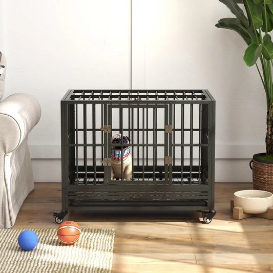 Heavy Duty Dog Crate Metal Cage Kennel With Lockable Wheels, Double Door And Removable Tray, Gray