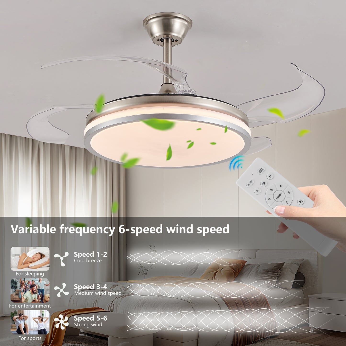 42 Inch 2 Tiers Design Modern LED Ceiling Fan With Light And Remote Control, Retractable Blades, Adjustable 6 Speed, Silent Operation DC Motor For Living Room, Bedroom, Dining Room