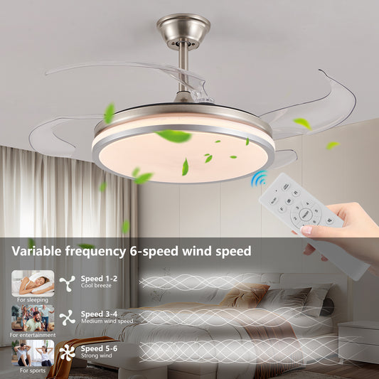 42 Inch 2 Tiers Design Modern LED Ceiling Fan With Light And Remote Control, Retractable Blades, Adjustable 6 Speed, Silent Operation DC Motor For Living Room, Bedroom, Dining Room