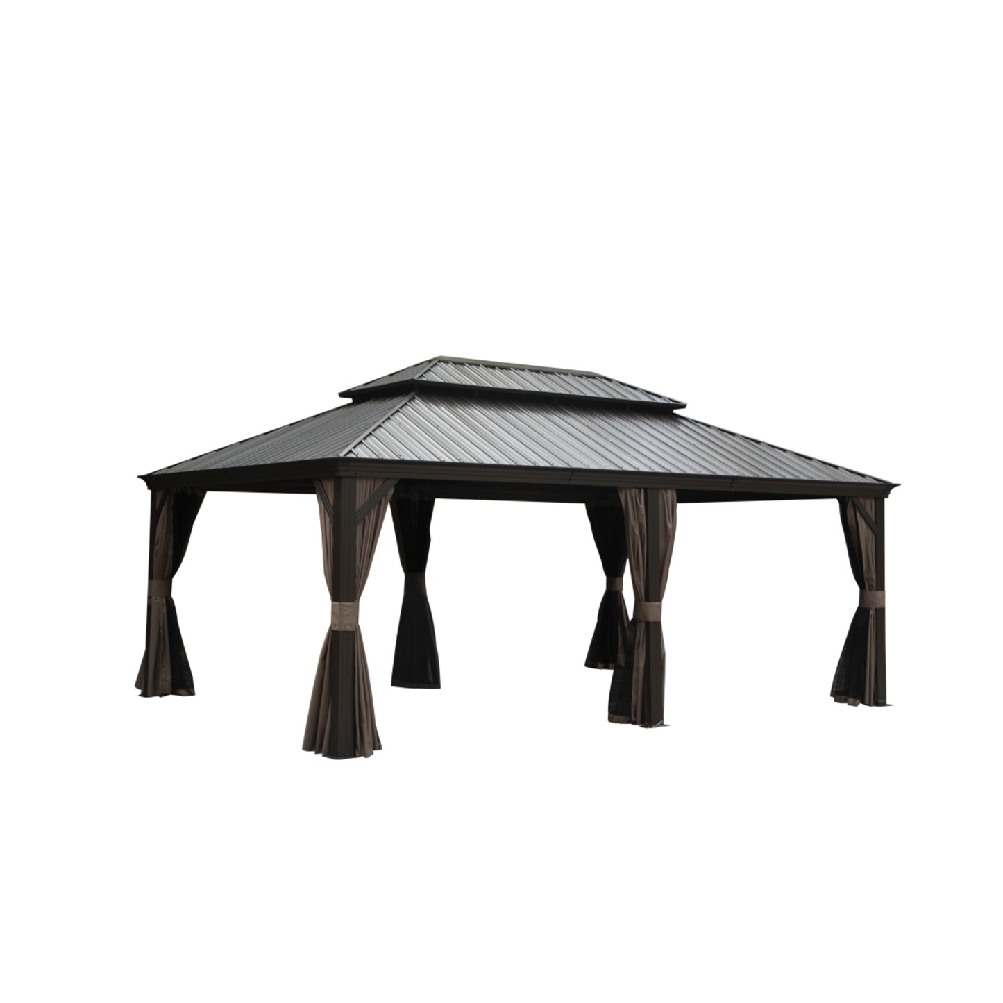 14x20FT Hardtop Gazebo, Permanent Metal Gazebo With Galvanized Steel Double Roof And Aluminum Frame, Curtain And Netting, Large Pavilion Gazebo For Patio Deck Garden