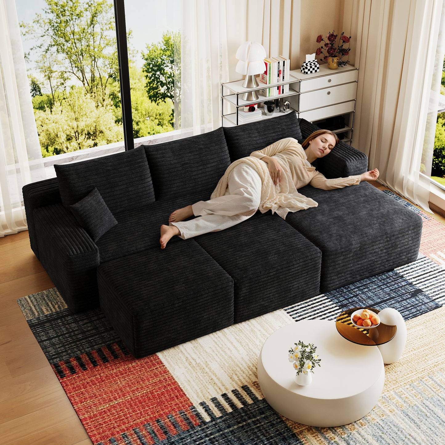 95  Cloud Sectional Sofa With 2 Ottoman,Modern Minimalist Upholstered Couches, Comfort U Shaped Sofa For Living Room,Deep Seat Corner Couch,No Assembly Required,Black  Plush Corduroy Fabric