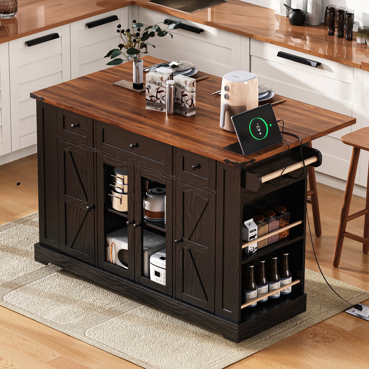 K&K 53  Farmhouse Kitchen Island With Two Tempered Glass Cabinet Doors, Power Outlet, Rolling Kitchen Cart On Wheels With Drop Leaf, 5 Open Side Racks, 3 Drawers, For Kitchen, Dining Room, Black