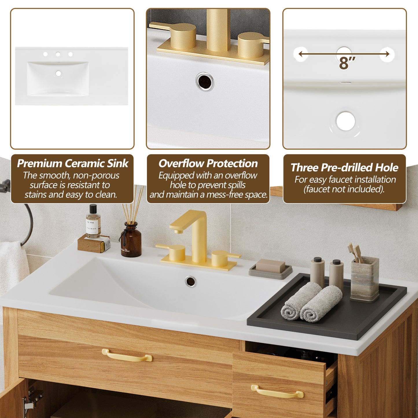 36  Wood Bathroom Vanity With Solid Wood Frame, 2 Soft Close Doors, 3 Soft Close Drawers, Adjustable Shelf, Modern Storage Cabinet For Small Bathrooms