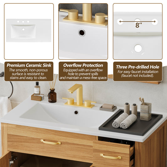 36  Wood Bathroom Vanity With Solid Wood Frame, 2 Soft Close Doors, 3 Soft Close Drawers, Adjustable Shelf, Modern Storage Cabinet For Small Bathrooms