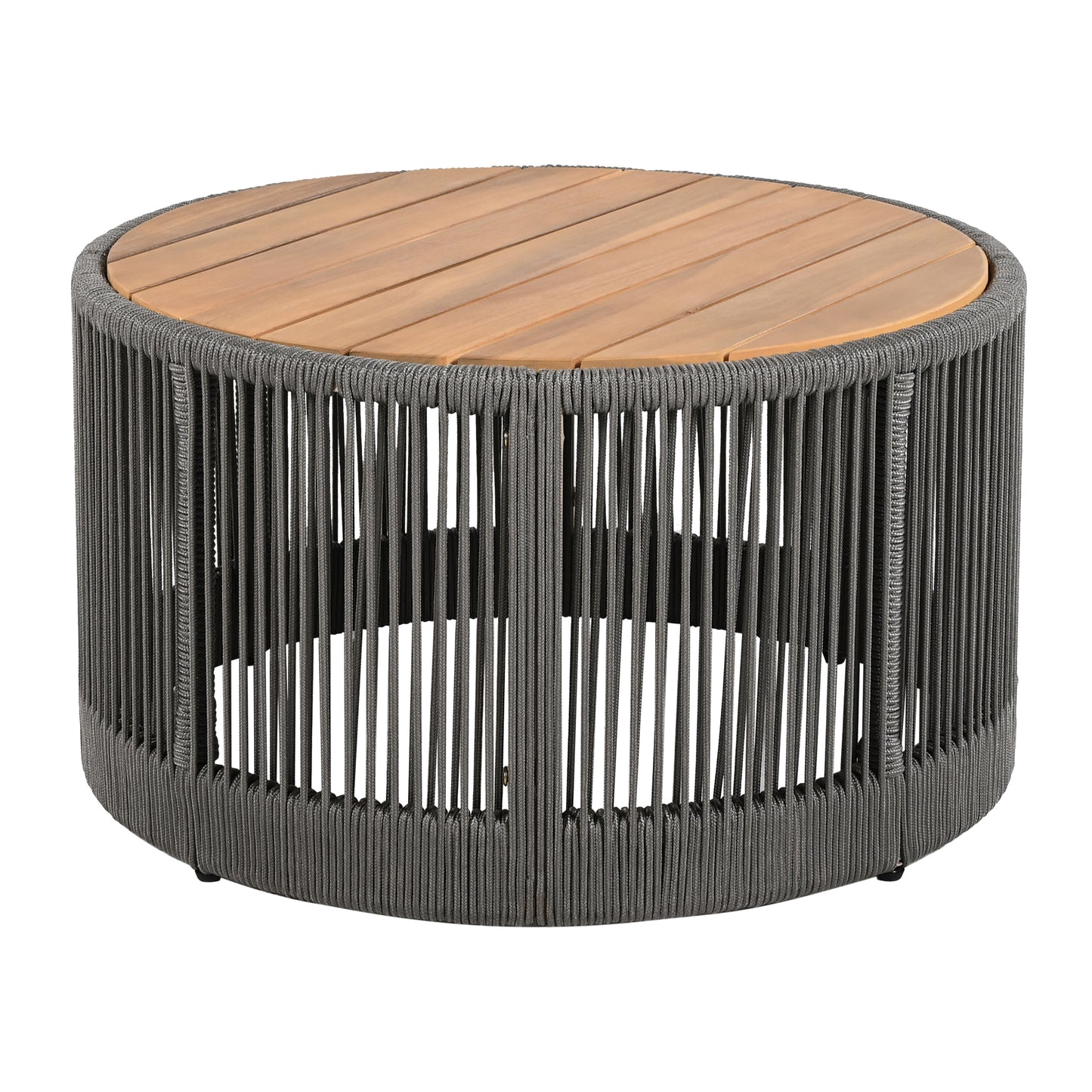 Outdoor Rattan Rope & Acacia Wood Coffee Table - Patio Balcony Furniture For Garden, Yard, Balcony - Weather Resistant  Rope Grey, Natural Iron