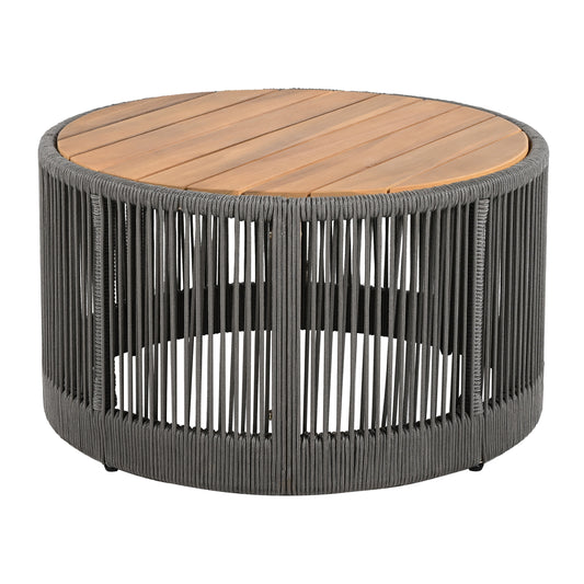 Outdoor Rattan Rope & Acacia Wood Coffee Table - Patio Balcony Furniture For Garden, Yard, Balcony - Weather Resistant  Rope Grey, Natural Iron