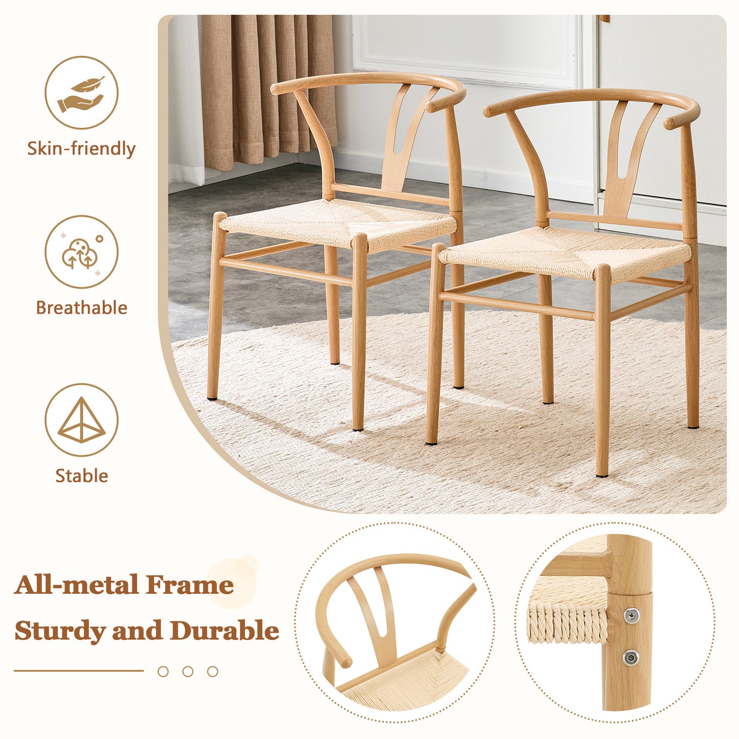 Wesborn Chair-Y-shaped Medieval Style Armchair For Dining Table, Woven Seat  Natural Wood Color Ironwork   Natural Rope Pattern, Set Of 2