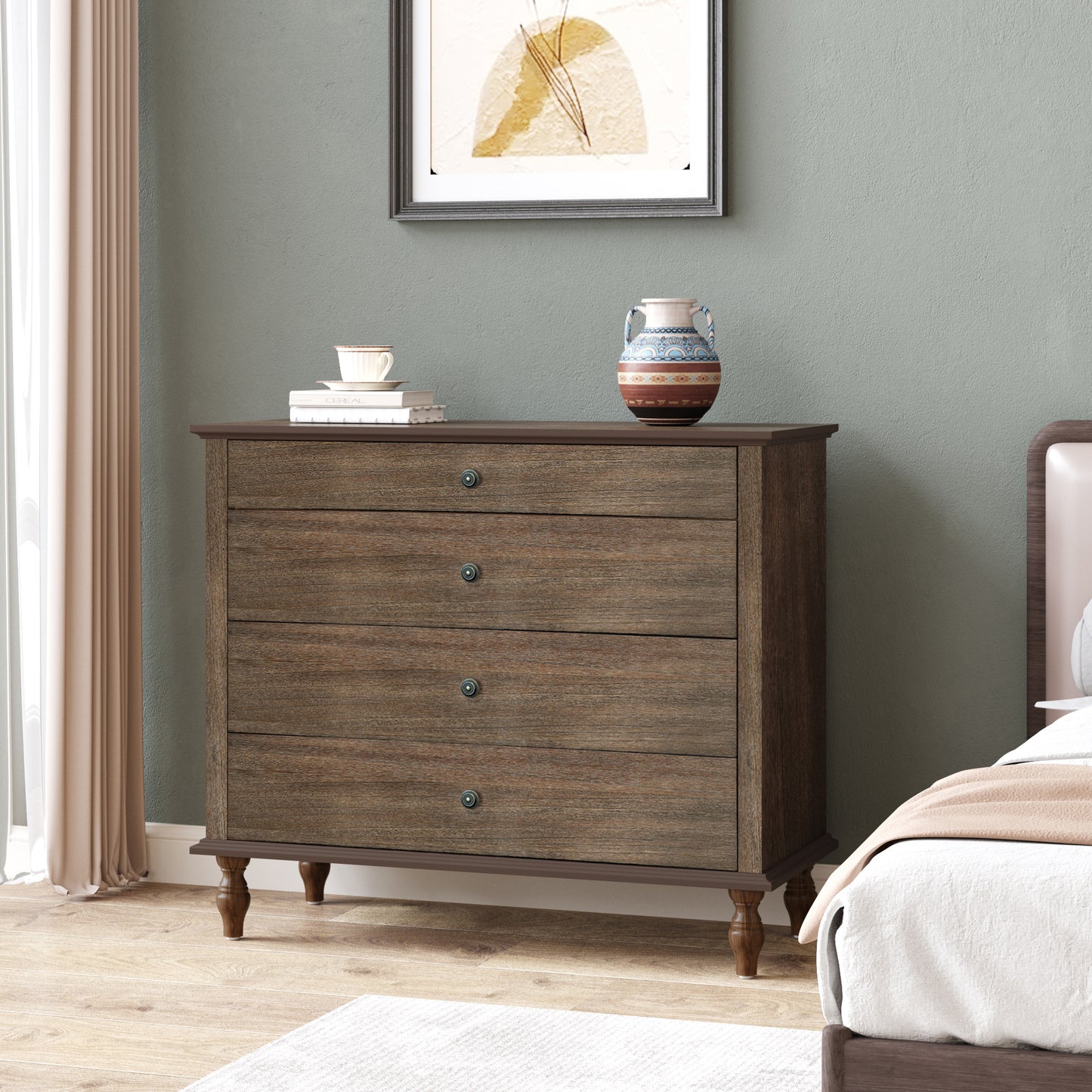 Large 4-Drawer Chest With Solid Wood Foot, Dresser With Brushed Deep Brown Finish & Metal Drawer Knobs, Antique Design For Bedroom & Nursery