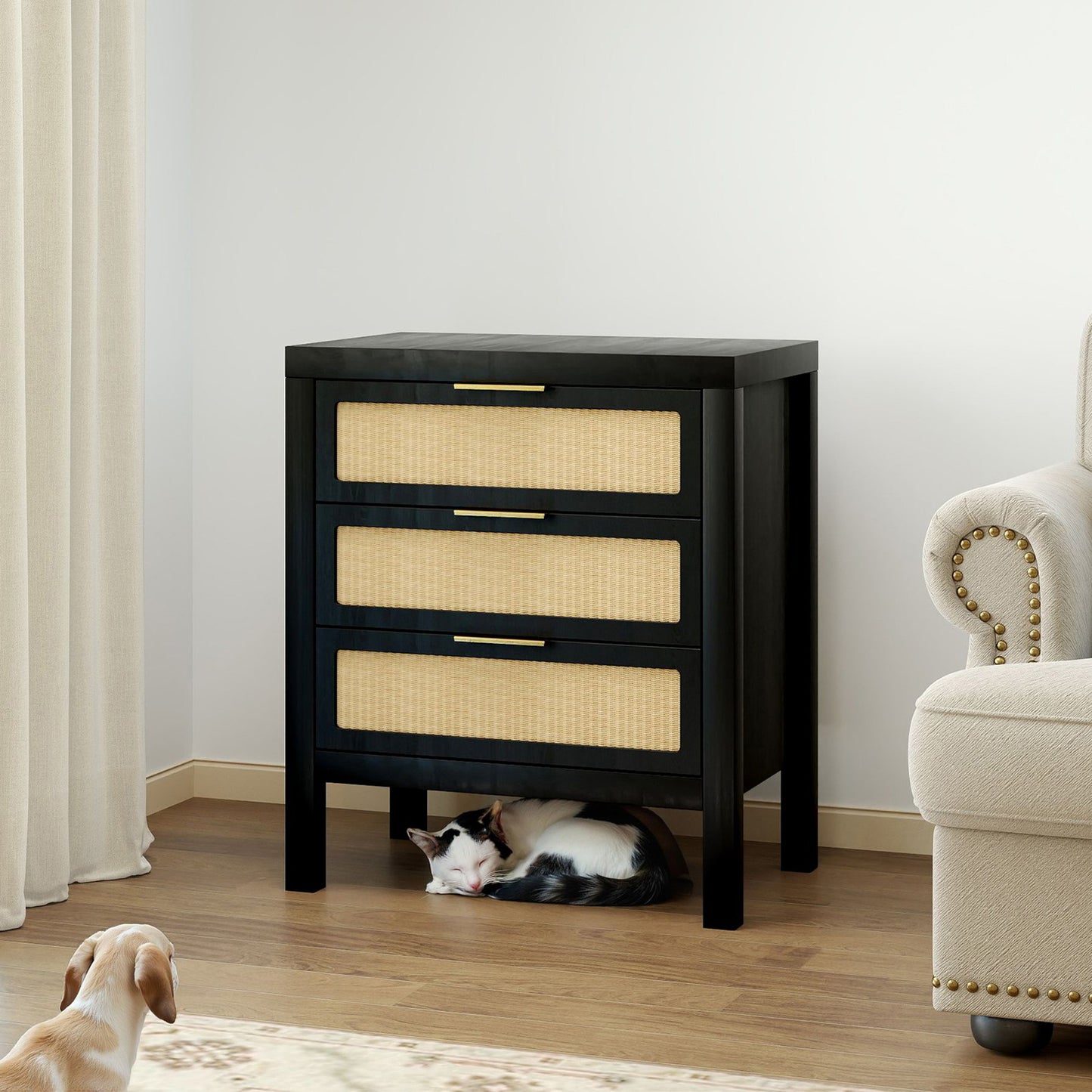 Bedside Table 3 Layers Large Capacity Storage Drawer Design Multifunctional Modern Chest Of Drawers Wooden Night Stand For Bedroom Hallway Black