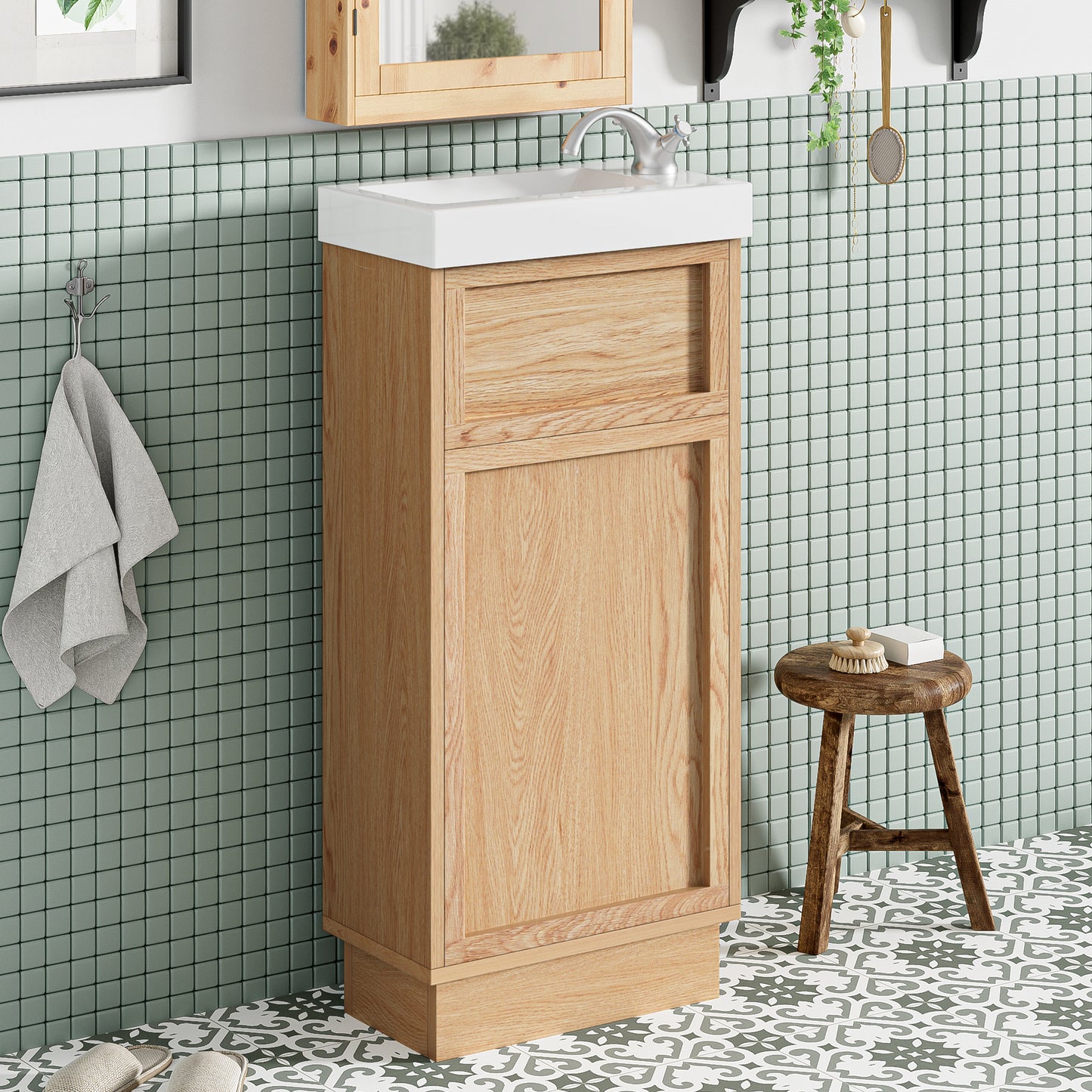 15.75  Bathroom Vanity With Reversible Resin Sink, MDF Cabinet With Adjustable Shelf And Push-to-Open Door, Wood Grain Melamine Finish, Reversible Door, Rustic Style For Small Spaces
