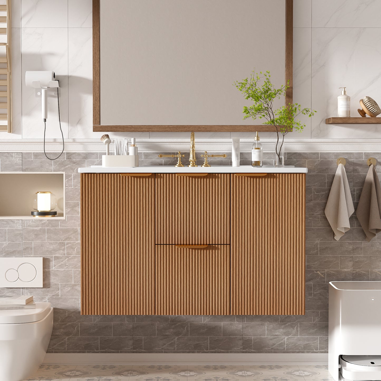 36 Inch Single Sink Bathroom Vanity With Ceramic Top, MDF Cabinet, Soft Close Doors, Divided Drawers, Wall-Mounted Modern Storage Vanity