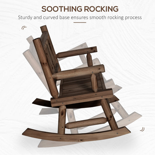 2-Person Wood Rocking Chair With Log Design, Heavy Duty Loveseat With Wide Curved Seats For Patio, Backyard, Garden, Walnut