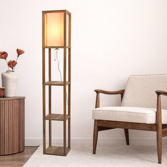 Pinnacle Shelf Floor Lamp For Bedroom Living Room, Natural Wood With Long Shade