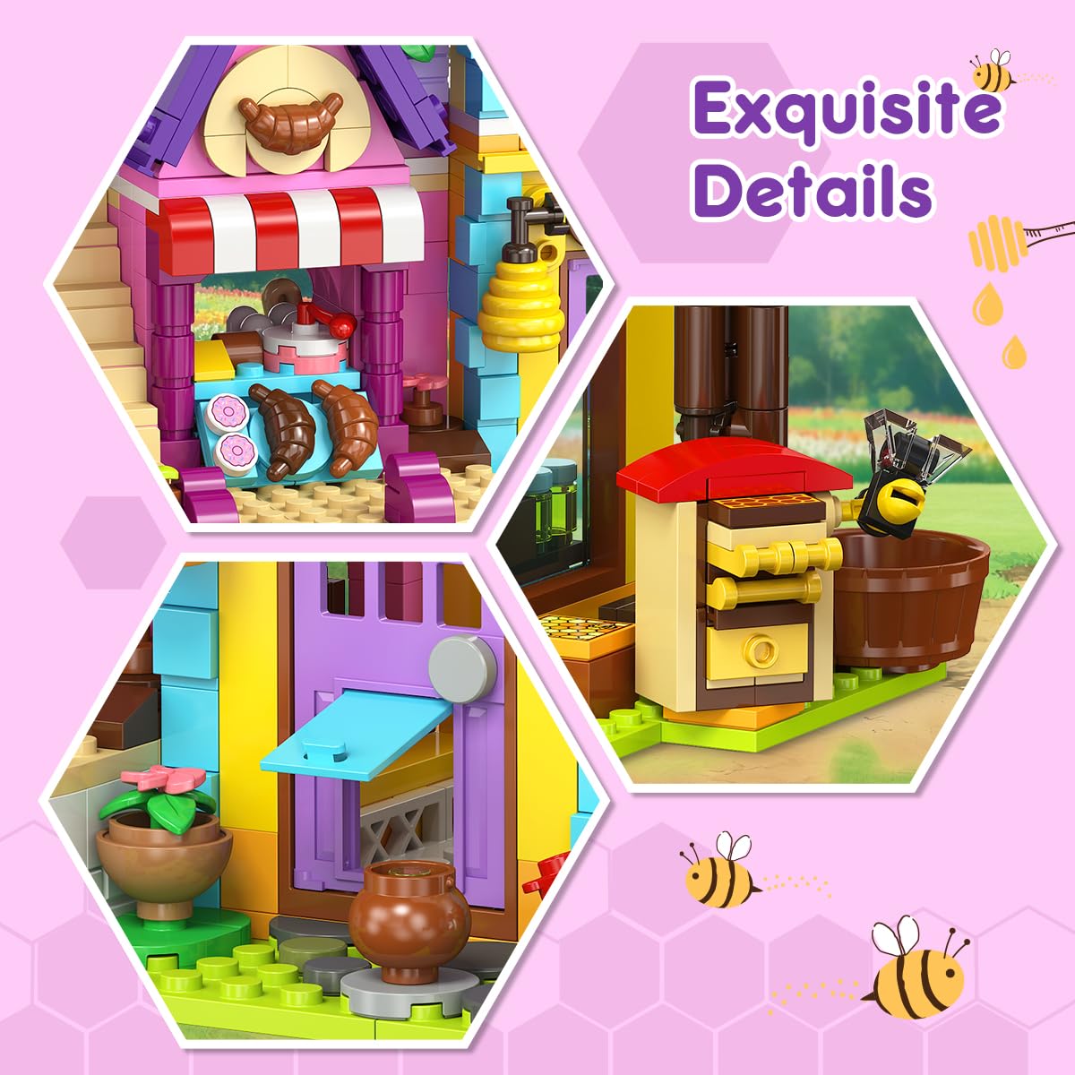 HOGOKIDS Beekeeping & Bakery House Building Toy With LED Light - 1084PCS Friends Girls Baking Building Set With Honey Workshop, Pretend Play Birthday For Kid Girls Boys