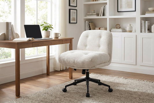 Cross Legged Office Chair No Arms, Adjustable Swivel Wider & Thickened, Ergonomic Desk Chair For Home Office, Vanity,White