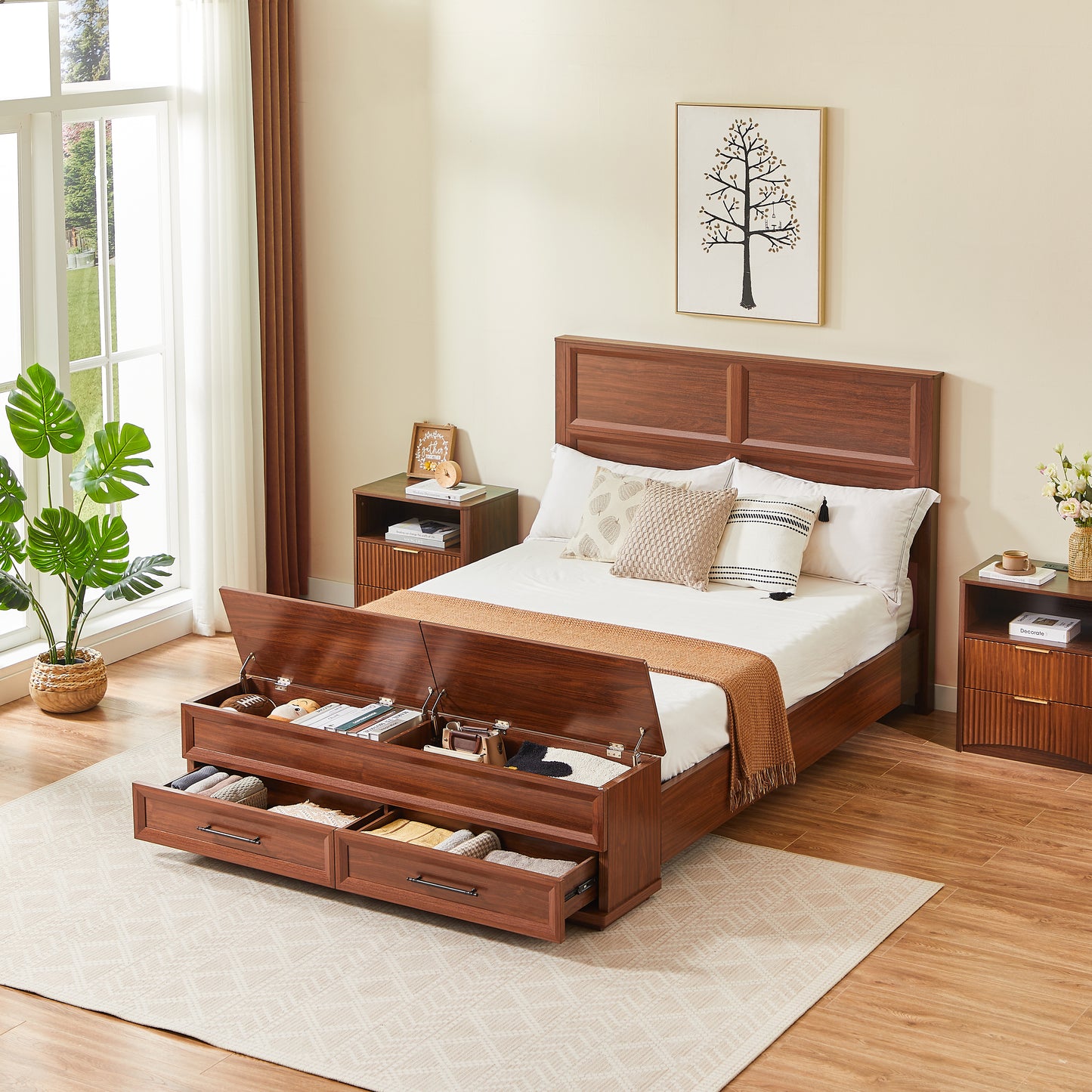 Queen Size Bed With 3D Geometric Headboard & Storage Bench - 4-Drawer Storage, Modern Bedroom Furniture, Walnut.