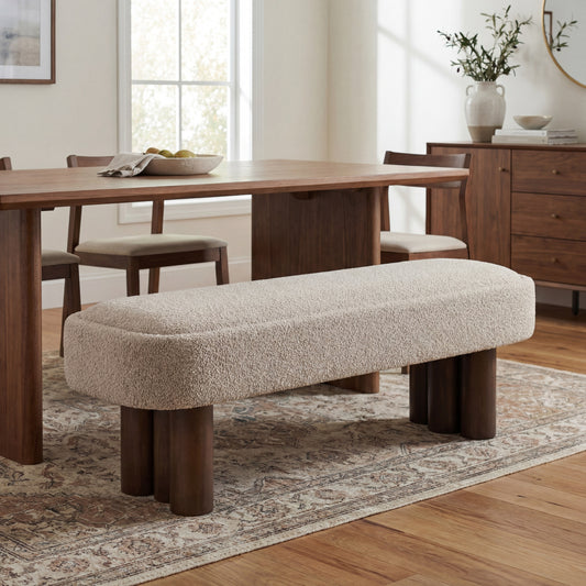 Indoor Khaki Boucle Dining Bench With Walnut Color Legs, 60.04 L Upholstered Seating For Kitchen, Dining Room And Living Space,250lbs Capacity