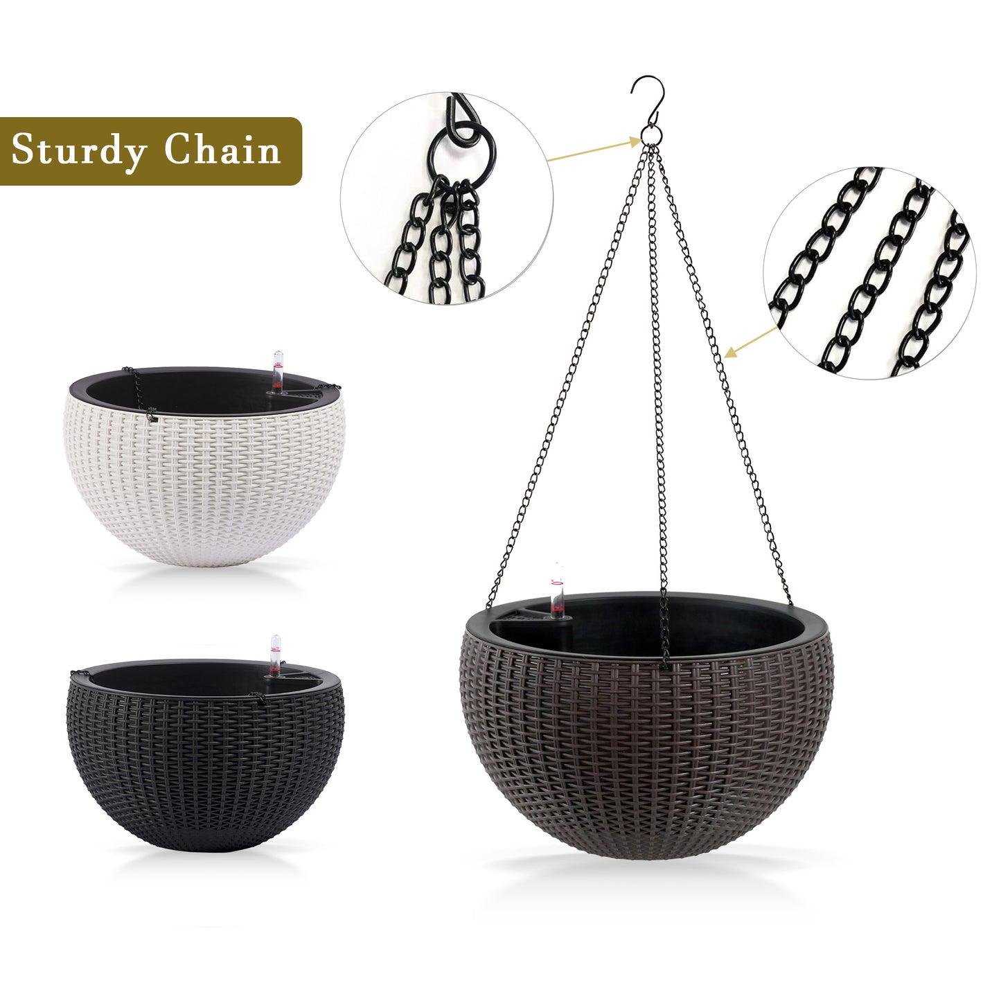 13.4 Inch Self-Watering Hanging Rattan-Inspired Planter Large Capacity, Root-Rot Resistant Water Storage With Water Level Indicator, Dual-Use For Indoor & Balcony Decoration  Pack Of 2, Brown