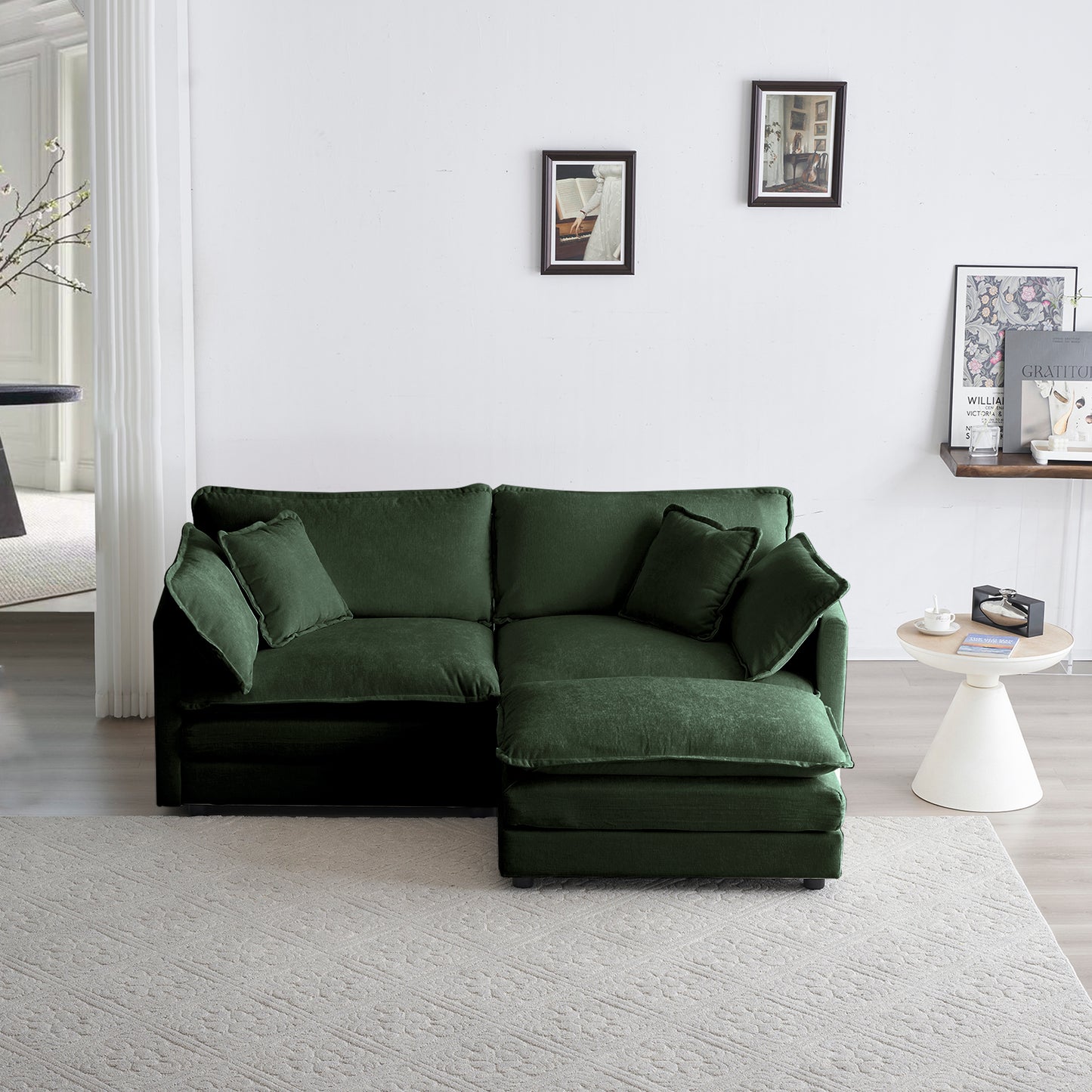 Chenille Two-Seater Sofa With 1 Footrest, 2 Seater L-Shaped Sectional With Ottoman,Loveseat With Ottoman For Small Living Space, Green Chenille