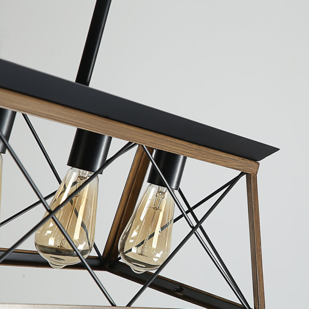 32in  Walnut Industrial 5-Light Pendant Chandelier, Modern Metal Cage Design, Adjustable Hanging Light For Dining Room, Kitchen, Living Room -No Bulbs