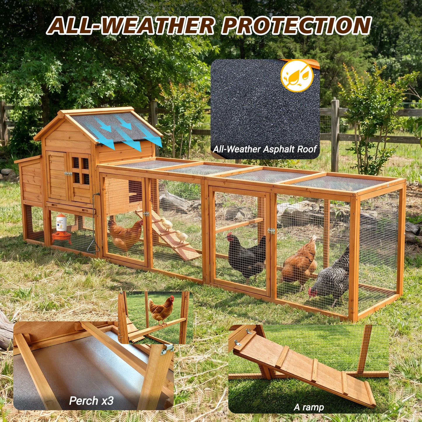 Large Chicken Coop With Run And Nest Box And Removable Tray, Hen House For 4-6 Chickens, Outdoor Weatherproof Small Animal Cages