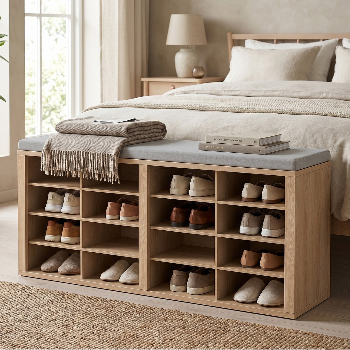 Shoe Storage Bench With Cushion 16 Cubby Shoe Rack Multifunctional Shoe Organizer Bench For Entryway Hallway Living Room Bedroom