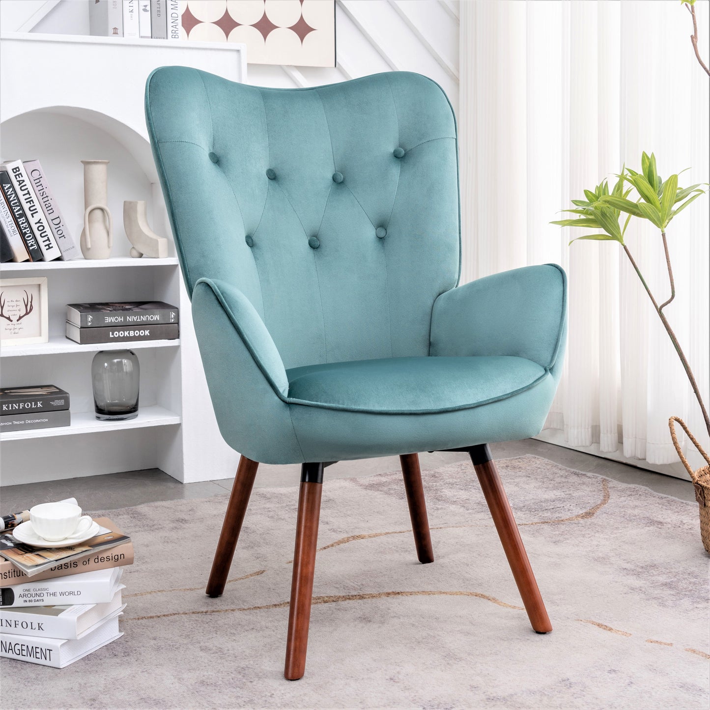Mid-Century Modern Wingback Accent Chair, Button-Tufted Polyester Fabric Armchair With Solid Wood Splayed Legs For Living Room Bedroom Home Office