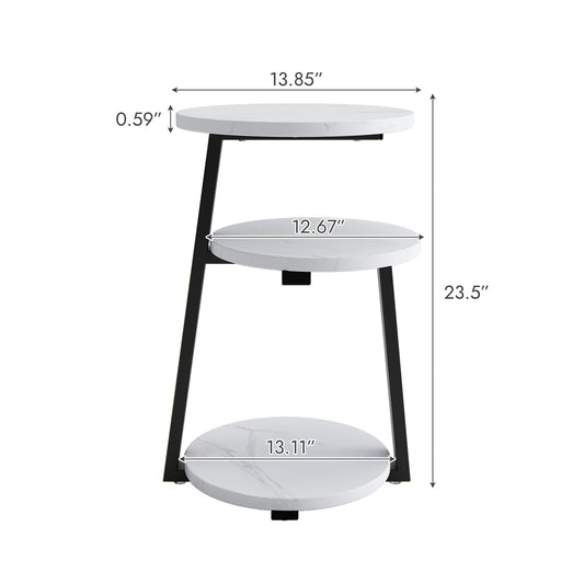 Small Round Side Table With 3-Tier Storage - White Black End Table, Sturdy Metal Frame Nightstand, Compact Couch Table For Bedroom Living Room