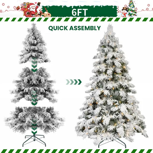 Artificial 5ft Flock LED-lit Christmas Tree With 375PE&PVC Mixed Branch Tips,Hinged Premium & Foldable Base For Indoor Holiday Decorating