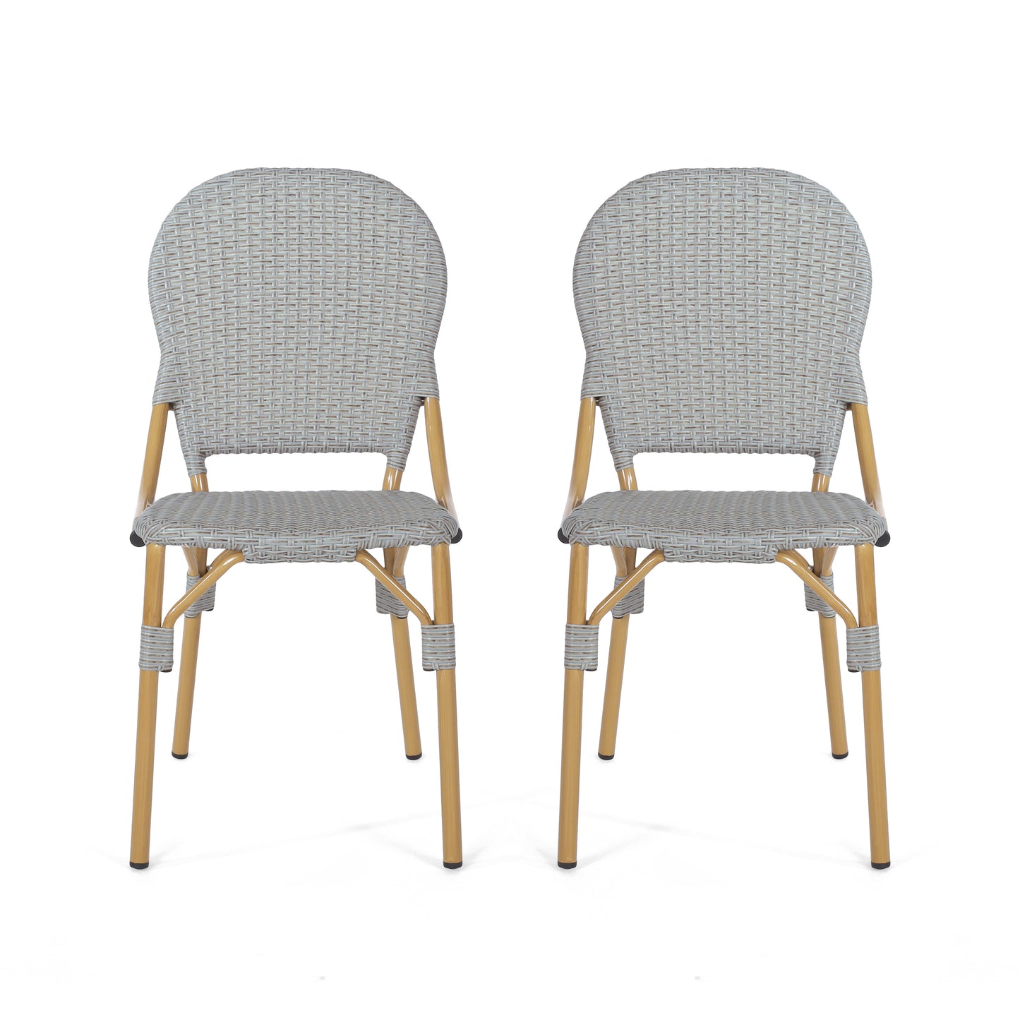 Outdoor PE Rattan And Aluminum Armless French Bistro Chairs, Set Of 2, Gray And Bamboo Finish