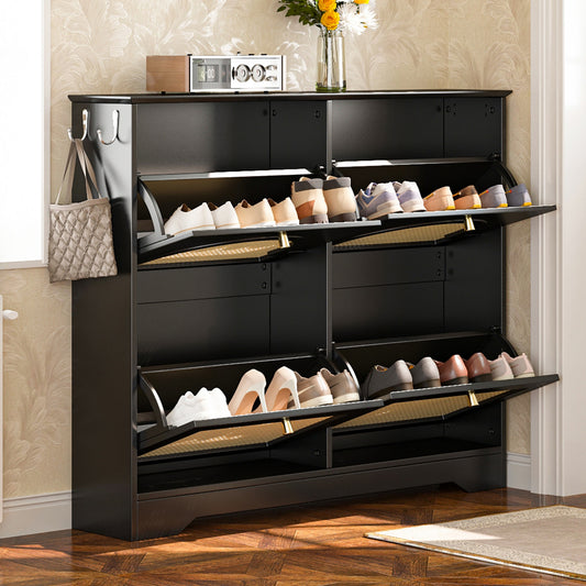 Mid-Century Narrow Design Tipping Bucket Shoe Cabinet With 4 Flip Drawers, Elegant Entryway Shoe Organizer With 4 Rattan Doors, Freestanding Shoe Rack With 2 Silvery Hooks For Hallway, Black, 42.1 W