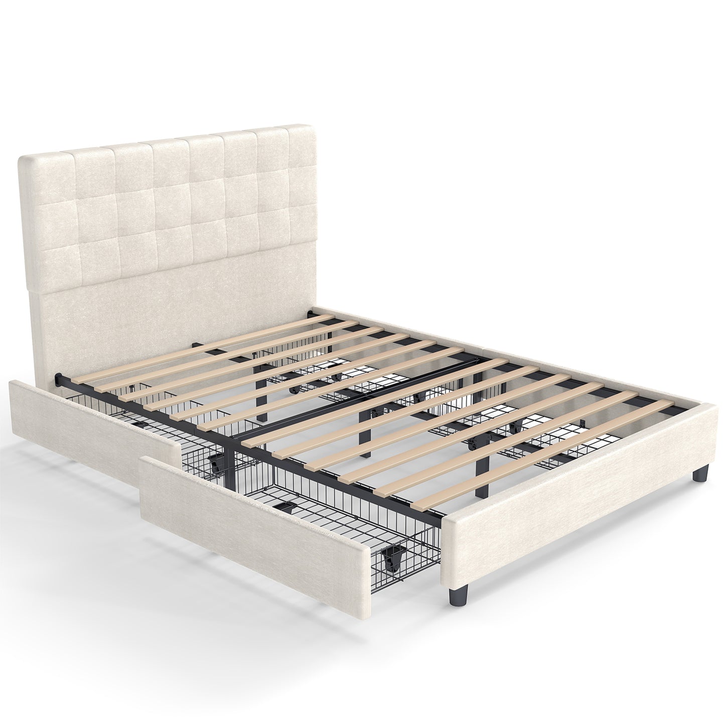 Bed Frame Upholstered Vertical Channel Headboard With 4 Storage Drawers Wood Slat Elegant Modern Bed Frame No Box Spring Needed Easy Assembly For Bedroom