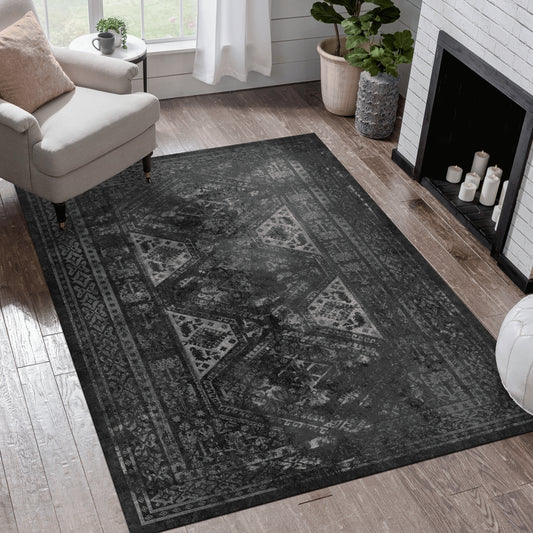 MAVAL Black Washable Rug 5x8 Area Rug  Black Gray, 5' X 8'