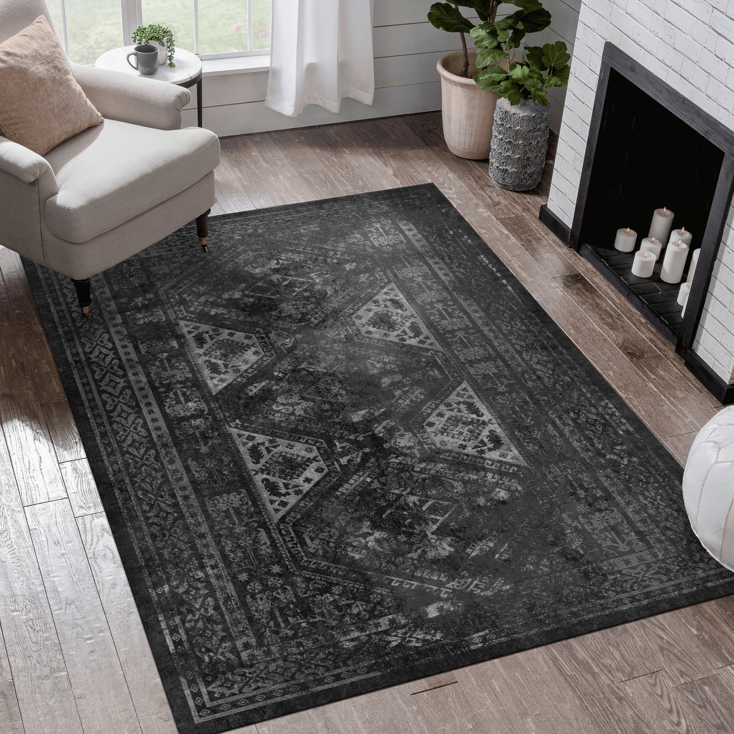 MAVAL Black Washable Rug 8x10 Area Rug  Black Gray, 8' X 10'